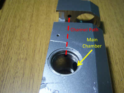 Figure 3: Hydraulic fluid can pass from one end of the chamber to the other through channels in the housing.