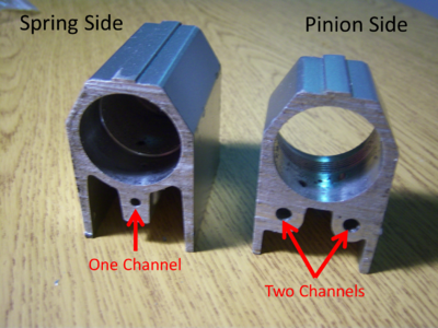 Figure 4: The different channels at each end of the housing helps create the desired directional resistance in the door damper.