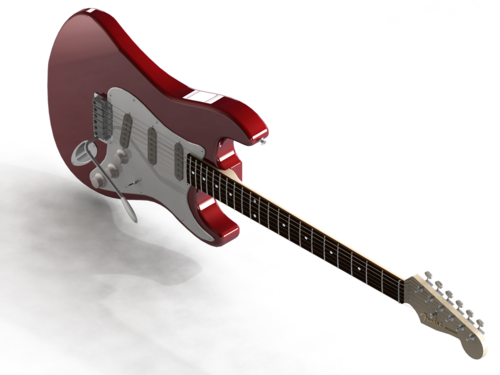 CAD Rendering of Stratocaster Guitar with Prototype 3 Bridge Installed (Click to Enlarge)