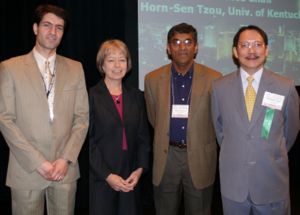 NSF Keynote speakers: Dr. S. Jayasuriya (center-R), Dr. J.M. Vance (center-L), General Chair: H.S. Tzou (far -R), Program Chair: Nader Jalili (far-L)