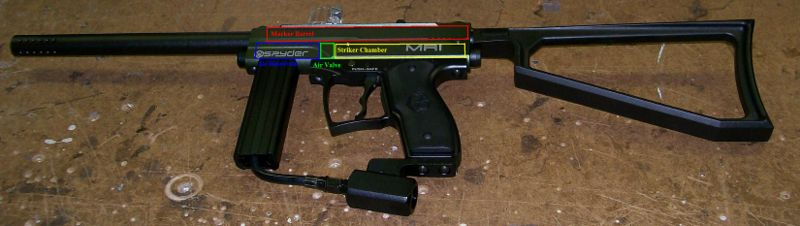 Full gun view showing different interior chambers and components of the paintball marker