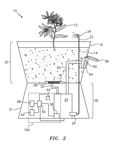 Self-contained automatic plant watering apparatus system, US Patent 20130205662 A1